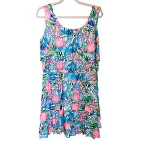 Lulu-B Cha Cha Tiered Ruffle UPF 50 Dress Size M Seashell Coral Print Blue Pink
